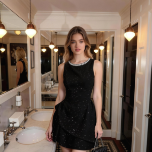 Sparkle Black Peplum Mini Dress with Diamond Necklace Trim