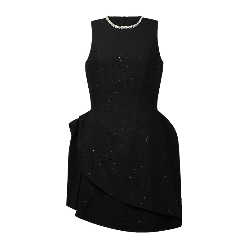 Sparkle Black Peplum Mini Dress with Diamond Necklace Trim - Image 4