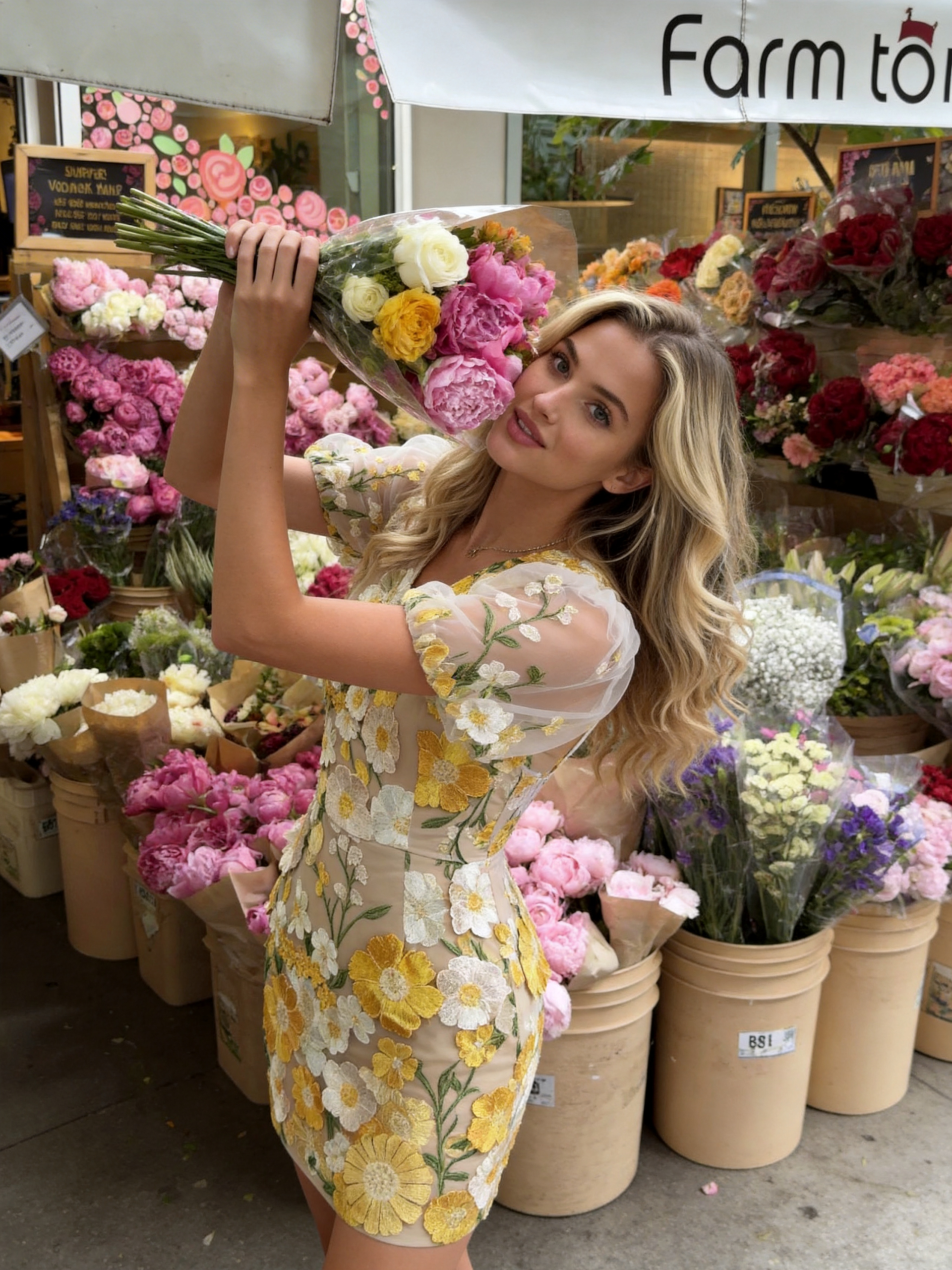 3D Floral Embroidery V-Neck Puff Sleeve Mesh Mini Dress - Image 2